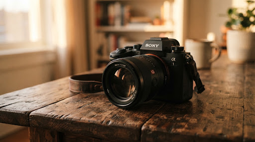 Kamera mirrorless profesional dengan lensa prime di atas meja kayu gelap berlatar cahaya hangat