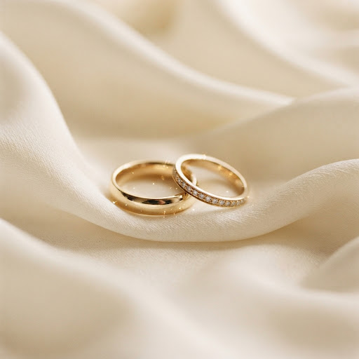 Sepasang cincin pernikahan emas di atas lipatan kain sutra gading
