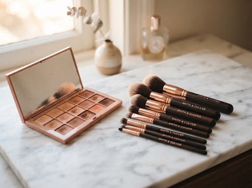 Koleksi kuas rias profesional dan palet eyeshadow bernuansa natural di atas marmer