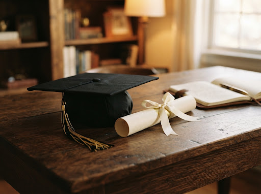 Topi toga wisuda dan gulungan ijazah dengan pita gading di atas meja kayu