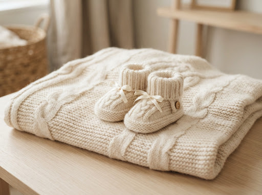 Sepatu rajut bayi dan selimut bertekstur krem untuk sesi potret keluarga